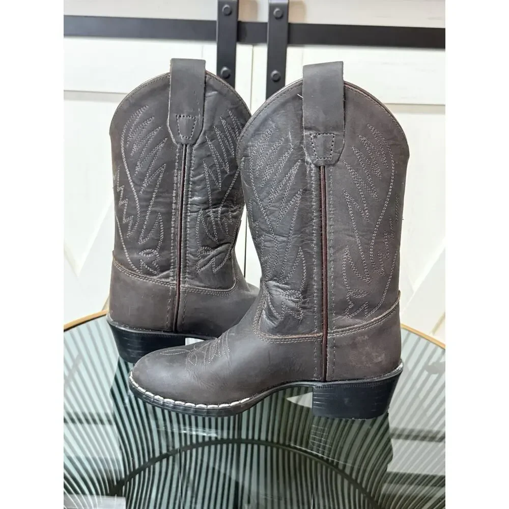 Old West 1151 Kids Brown Leather Western Cowboy Boots Embroidered Size 10.5